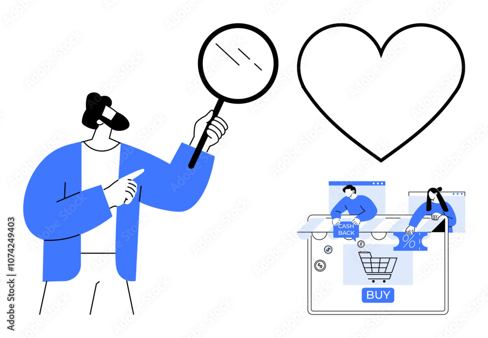 Man holding magnifying glass pointing at shopping cart with BUY button, heart icon above. Ideal for online shopping, e-commerce, product search, customer satisfaction, retail marketing, user Man holding magnifying glass pointing at shopping cart with BUY button, heart icon above. Ideal for online shopping, e-commerce, product search, customer satisfaction, retail marketing, user