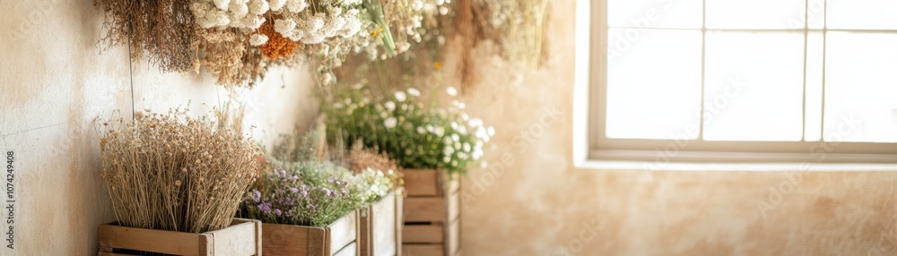 A bright and elegant room featuring lush dried flowers. A bright and elegant room featuring lush dried flowers.