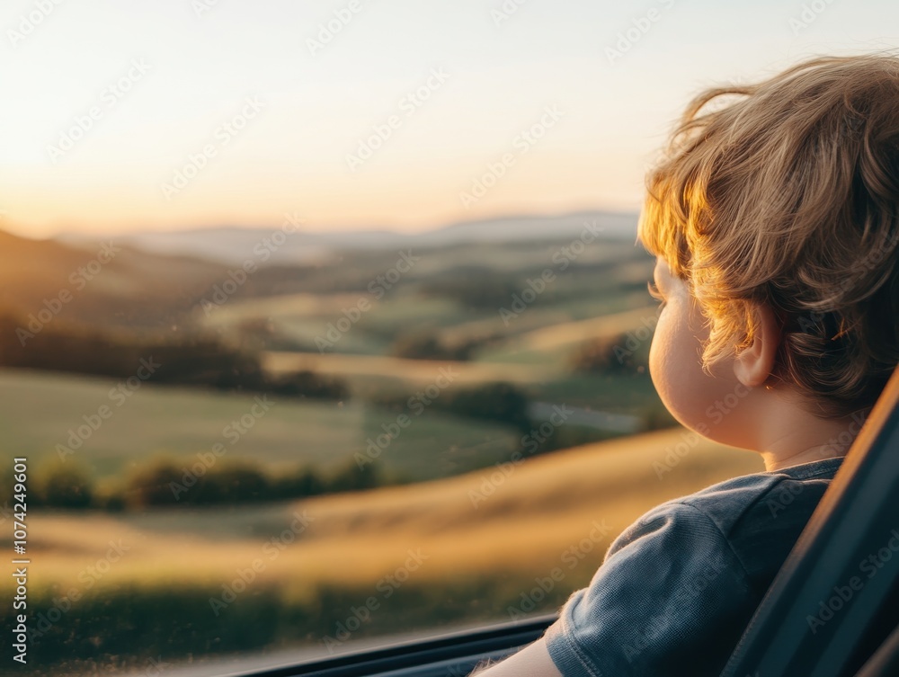 A child gazing at a serene sunset over rolling hills. A child gazing at a serene sunset over rolling hills.