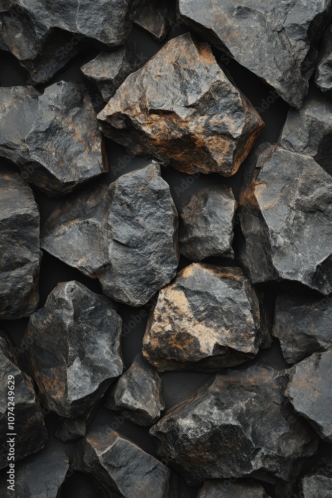 Dark grey and brown textured stones on a black background. Dark grey and brown textured stones on a black background.