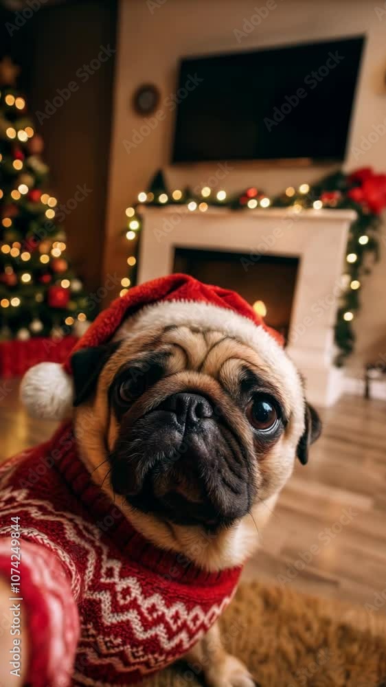 Cute funny chubby pug dog in a festive Christmas sweater and Santa hat taking a selfie, making video call. Decorated Christmas tree and cozy Christmas interior background. Christmas funny pet concept Cute funny chubby pug dog in a festive Christmas sweater and Santa hat taking a selfie, making video call. Decorated Christmas tree and cozy Christmas interior background. Christmas funny pet concept