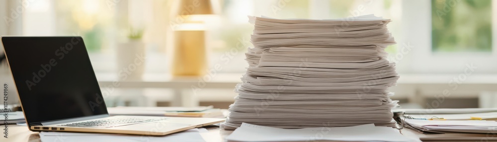 A cluttered desk with a laptop and a stack of papers. A cluttered desk with a laptop and a stack of papers.