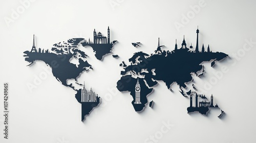 Wallpaper Mural World map with minimalistic symbols representing major cities and landmarks Torontodigital.ca
