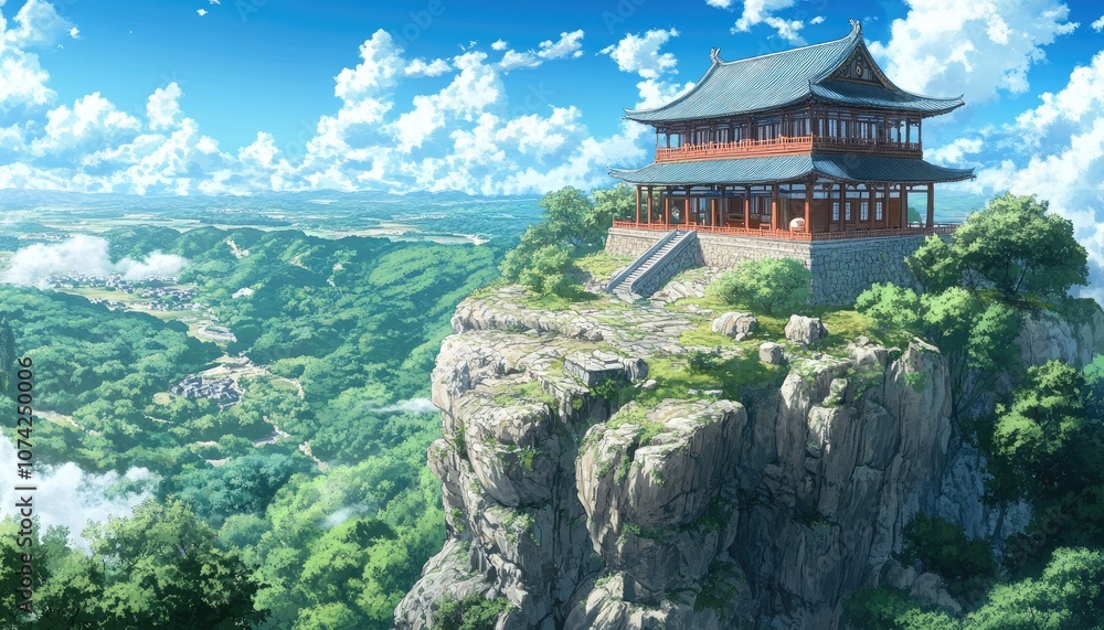 Serene Mountaintop Temple with Breathtaking Views, Tranquil Landscape, Asian Architecture, Artistic Scenery Serene Mountaintop Temple with Breathtaking Views, Tranquil Landscape, Asian Architecture, Artistic Scenery