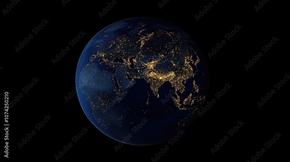Satellite perspective of the Earth globe showcasing nighttime illumination featuring abstract digital representation of continents and regions Satellite perspective of the Earth globe showcasing nighttime illumination featuring abstract digital representation of continents and regions