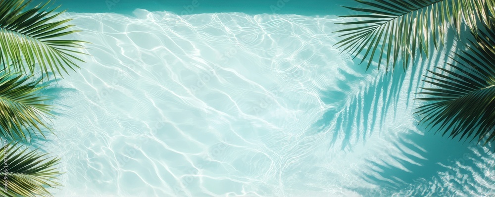 A tranquil scene featuring crystal-clear water and lush palm leaves, evoking a serene tropical paradise. A tranquil scene featuring crystal-clear water and lush palm leaves, evoking a serene tropical paradise.