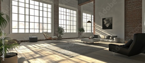 Minimalist urban loft with high ceilings  exposed brick  and a cozy sitting area  large windows 