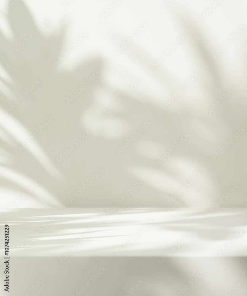 Modern, minimal empty cream white counter table top in dappled sunlight, leaf foliage shadow on wall for luxury organic fashion, beauty, cosmetic, skincare, body care product display background 3D Modern, minimal empty cream white counter table top in dappled sunlight, leaf foliage shadow on wall for luxury organic fashion, beauty, cosmetic, skincare, body care product display background 3D