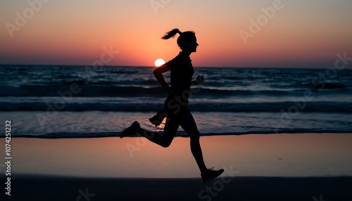 Silhouette of a person running along the beach at sunset.