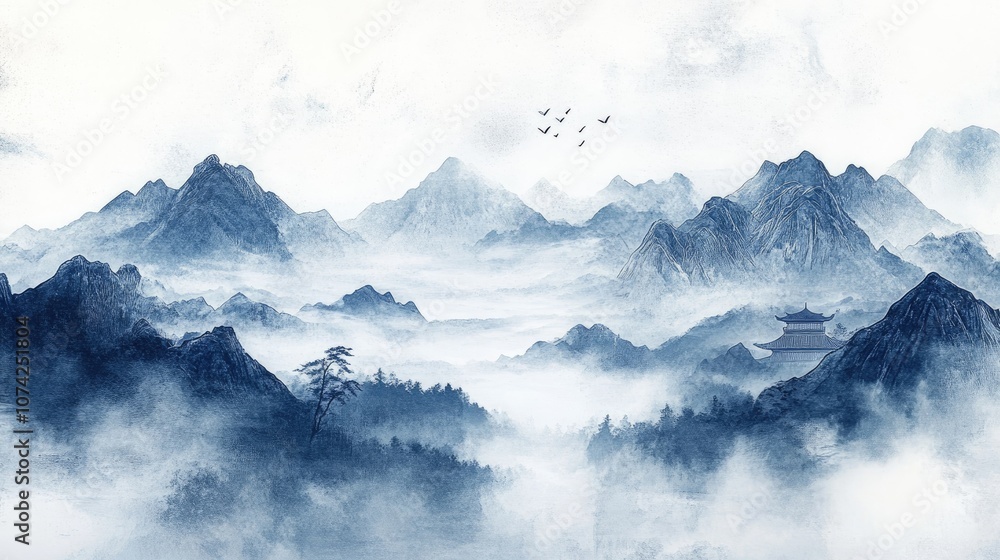 Chinese ink landscape with mountains featuring a zen inspired decorative painting concept for wallpaper art Chinese ink landscape with mountains featuring a zen inspired decorative painting concept for wallpaper art