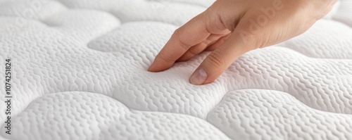 A hand gently touching a soft, textured mattress surface.