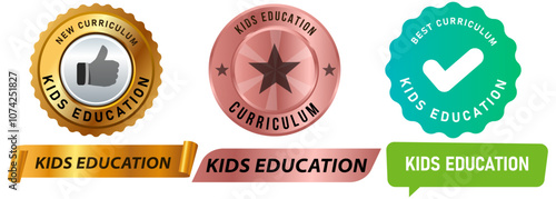 Kids education stamp badge colorful sticker emblem banner ribbon watermark sign children study element kindergarten academy icon set design collection