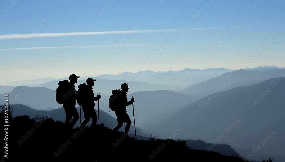 Fototapeta premium Silhouette of a group hiking in the mountains.