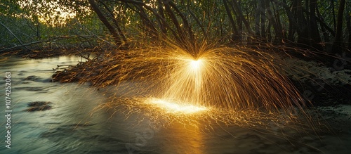 Long Exposure Speed Motion Abstract Of Steel Wool At Twight Beside Mangrove Forest photo