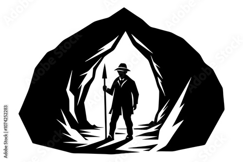 vector illustration of cavers exploring a cave silhouette .This is an editable vector icon.