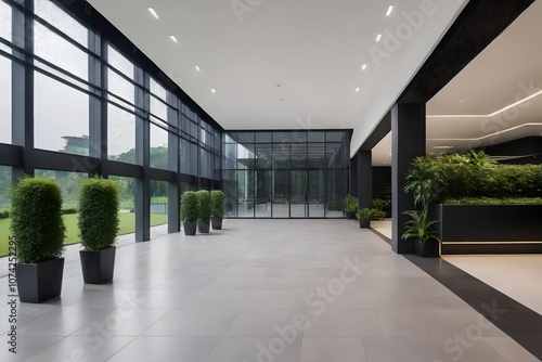 Modern Minimalist Office Lobby with Floor-to-Ceiling Windows, Green Plants, and Sleek Design