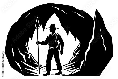 vector illustration of cavers exploring a cave silhouette .This is an editable vector icon.