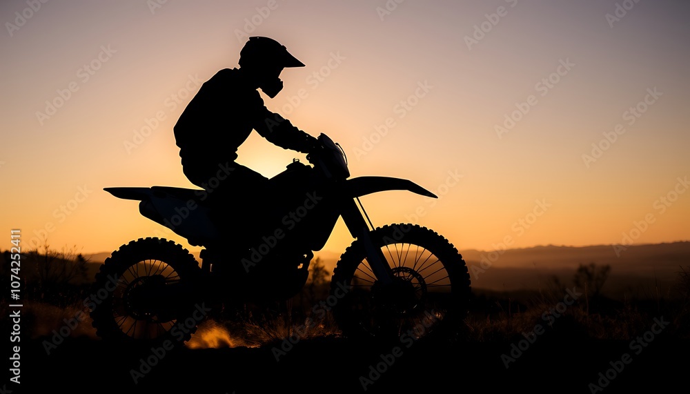 Obraz premium Silhouette of a trail motorbike rider in off-road terrain.