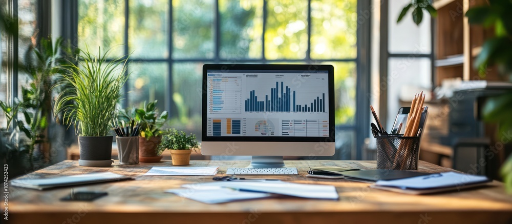 Modern office workspace with desktop computer displaying graphs, potted plants, and office supplies on a wooden desk with a window in the background. Modern office workspace with desktop computer displaying graphs, potted plants, and office supplies on a wooden desk with a window in the background.