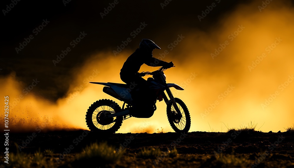 Silhouette of a trail motorbike rider in off-road terrain. Silhouette of a trail motorbike rider in off-road terrain.