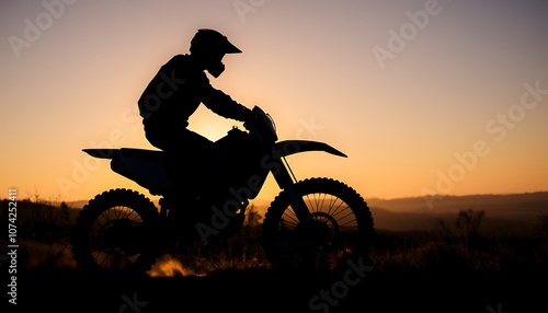 Silhouette of a trail motorbike rider in off-road terrain.
