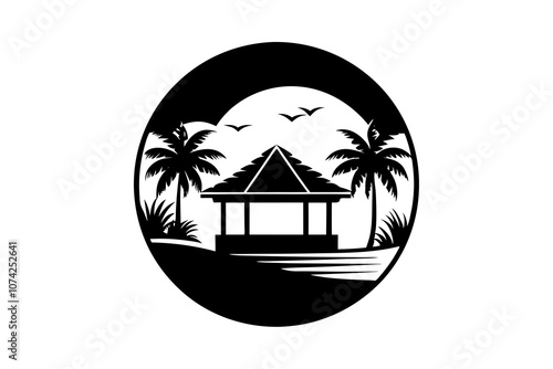 Hut Sunset Sun Resort Bali Holiday Landscape Circle View Illustration silhouette on white .