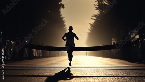 Silhouette of a marathon runner crossing the finish line.