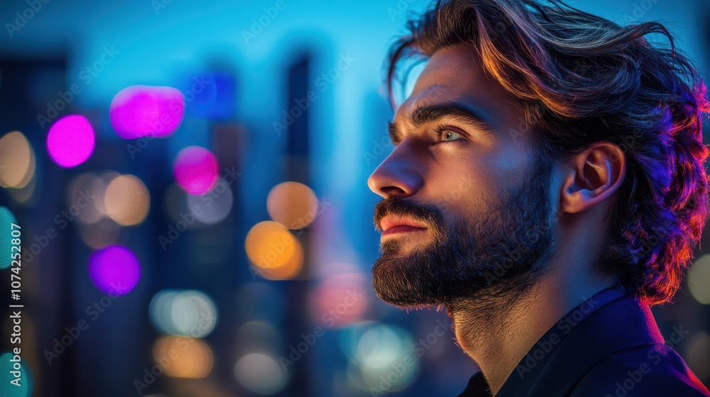 Thoughtful man gazing at a vibrant cityscape with colorful lights and reflections. Thoughtful man gazing at a vibrant cityscape with colorful lights and reflections.
