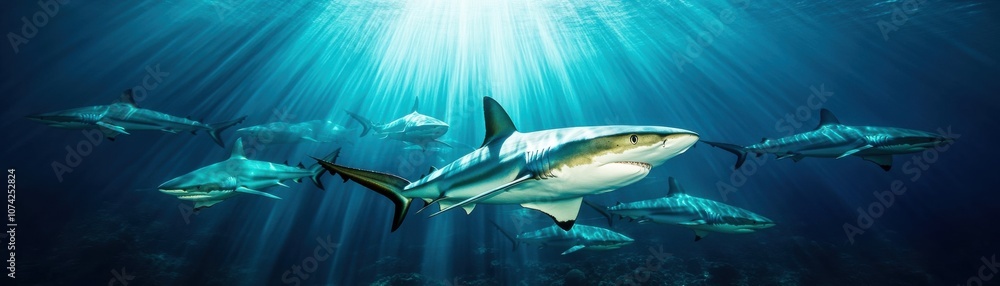 Fototapeta premium A majestic shark swimming gracefully through blue ocean waters.