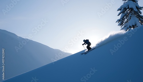 Silhouette of a skier racing down a snowy slope.