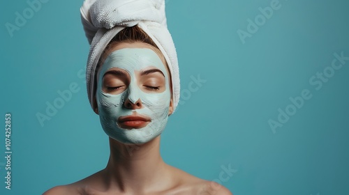 A European woman with a towel on her head, wearing a clay face mask. The clean blue background emphasizes her glowing skin and relaxed state.