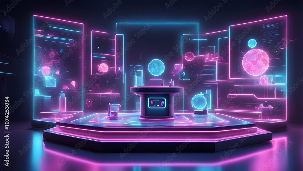 Fototapeta premium A high tech podium with a holographic interface showcasing products with vibrant neon highlights, Ai Generated