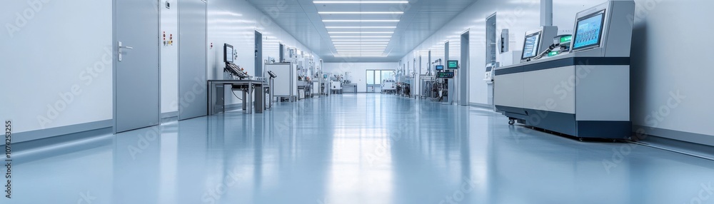 A modern hospital corridor with clean floors and bright lights. A modern hospital corridor with clean floors and bright lights.