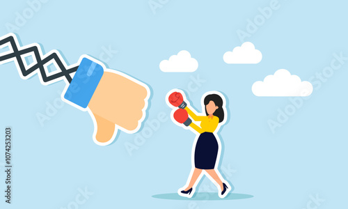 A businesswoman wearing gloves, ready to punch a thumbs-down machine, illustration of giving feedback on others' disagreement with the business model