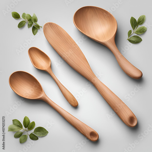 A stylish set of wooden kitchen utensils, including spoons and spatulas, elegantly arranged with fresh green herbs on a neutral background, perfect for eco-friendly and modern cooking.