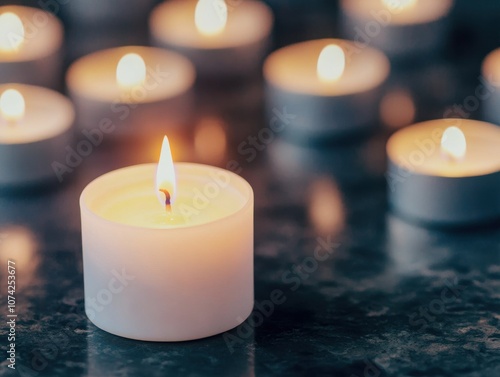 A peaceful scene of glowing candles on a dark background.