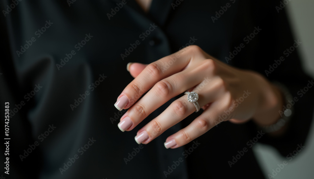 Beautiful woman posing and showing her hand with a diamond ring on her finger Beautiful woman posing and showing her hand with a diamond ring on her finger