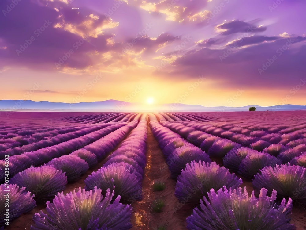 Beautiful lavender field at sunset, rows of purple flowers stretching to the horizon, golden sunlight, peaceful and calm atmosphere Beautiful lavender field at sunset, rows of purple flowers stretching to the horizon, golden sunlight, peaceful and calm atmosphere