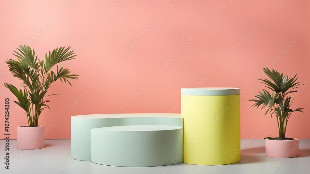A minimalistic podium with smooth curved surfaces in pastel colors accented with pops of neon yellow, AI Generated A minimalistic podium with smooth curved surfaces in pastel colors accented with pops of neon yellow, AI Generated