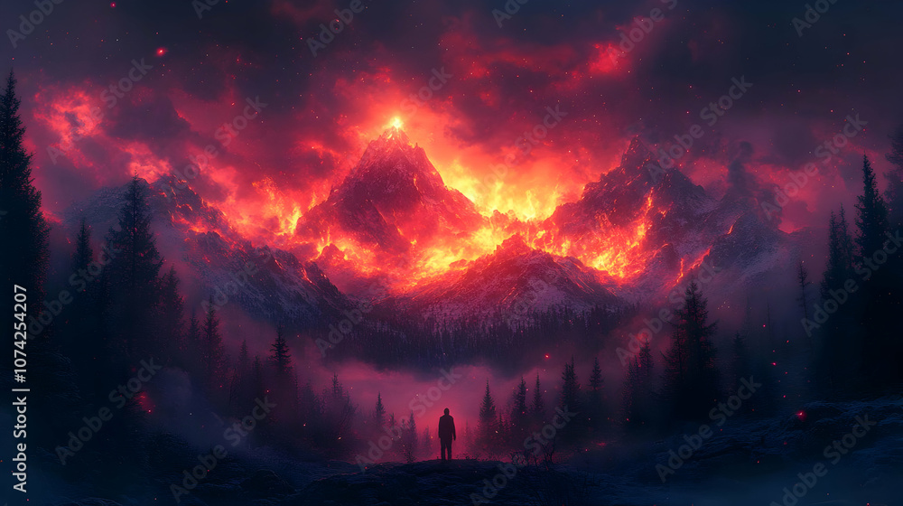 A breathtaking view of fiery mountains amidst darkened trees, capturing the awe of nature's power. A breathtaking view of fiery mountains amidst darkened trees, capturing the awe of nature's power.