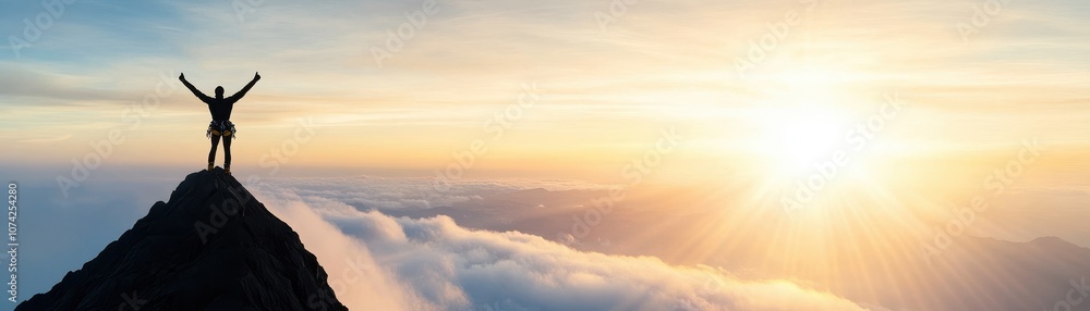 A person stands triumphantly on a mountain peak at sunrise. A person stands triumphantly on a mountain peak at sunrise.
