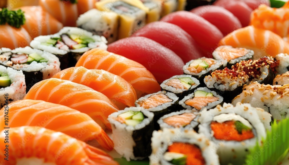 Sushi Rolls with Salmon, Tuna, and Cucumber, Delicious Japanese Cuisine Sushi Rolls with Salmon, Tuna, and Cucumber, Delicious Japanese Cuisine