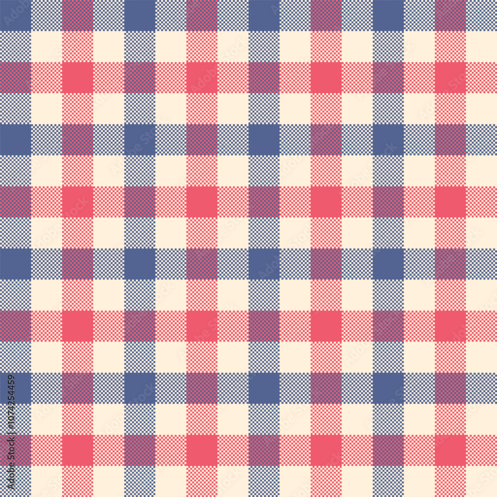 A gingham checkered pattern with alternating red, blue, and beige squares. The design has a simple, rustic appeal, with evenly spaced blocks. A gingham checkered pattern with alternating red, blue, and beige squares. The design has a simple, rustic appeal, with evenly spaced blocks.