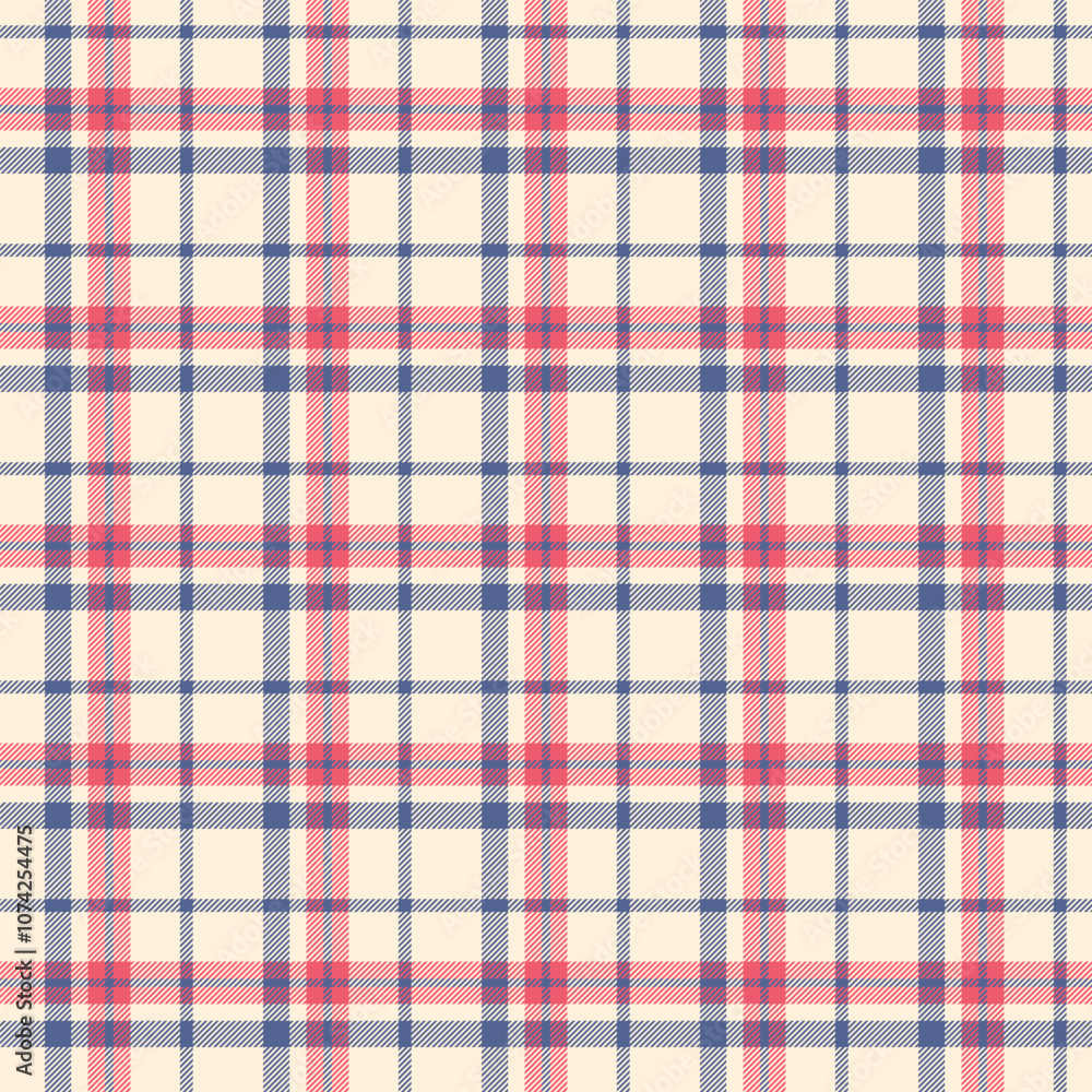 A classic plaid or tartan pattern with red, blue, and beige intersecting lines creates a grid-like design. The design has a balanced, uniform arrangement with alternating square sections. A classic plaid or tartan pattern with red, blue, and beige intersecting lines creates a grid-like design. The design has a balanced, uniform arrangement with alternating square sections.