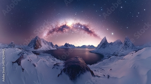 mesmerizing night scene in Norway under a clear, star-studded sky with the Milky Way stretching across the horizon. Snow-covered mountains and serene water add depth to the tranquil, breathtaking land