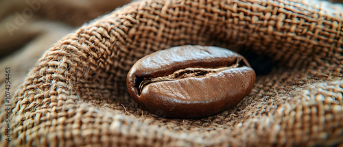 A close-up of a single coffee bean resting on burlap fabric, showcasing its texture and rich color. photo