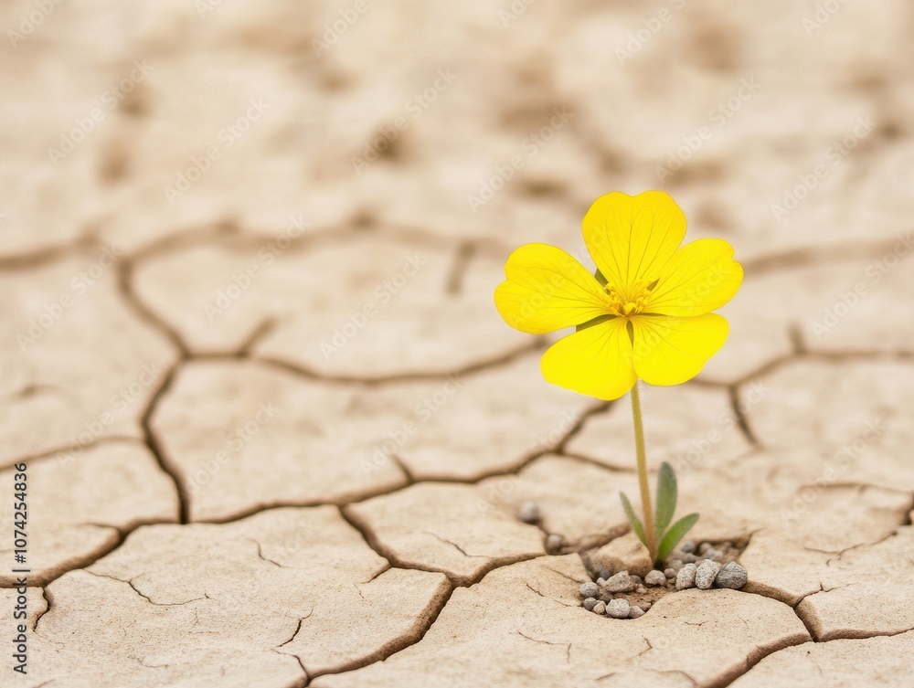 A resilient yellow flower growing in dry cracked soil. A resilient yellow flower growing in dry cracked soil.