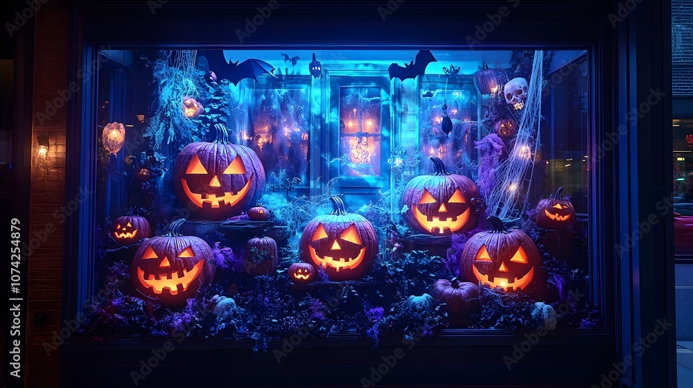 Spooktacular Halloween Window Display Featuring Illuminated Pumpkins and Creepy Decorations Perfect for Haunted Atmosphere Spooktacular Halloween Window Display Featuring Illuminated Pumpkins and Creepy Decorations Perfect for Haunted Atmosphere