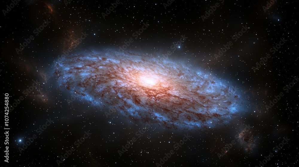 Glowing Blue Ring Surrounds Fiery Orange Galaxy in Space Glowing Blue Ring Surrounds Fiery Orange Galaxy in Space