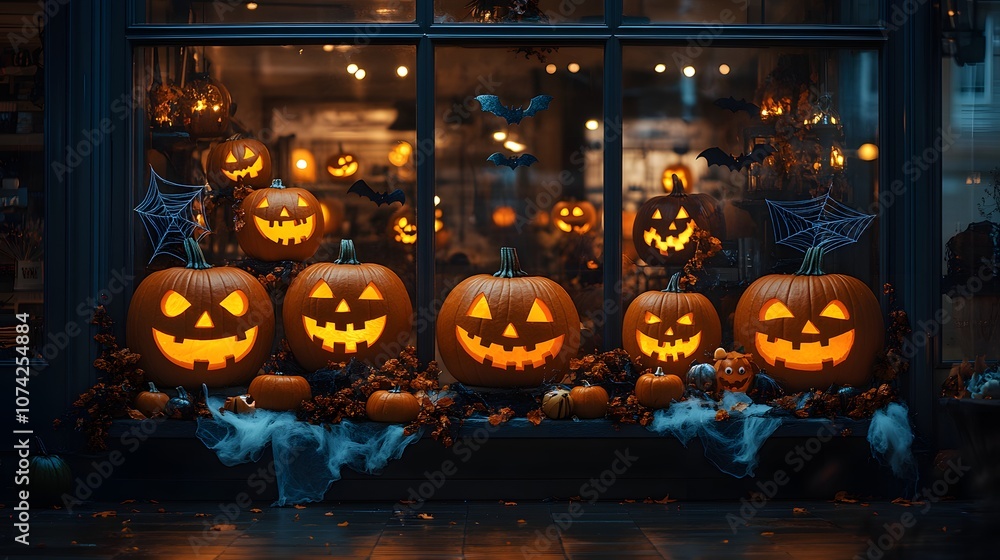 Charming Halloween Window Display Featuring Illuminated Jack-O'-Lanterns Surrounded by Spider Webs and Festive Decorations for a Spooky Atmosphere Charming Halloween Window Display Featuring Illuminated Jack-O'-Lanterns Surrounded by Spider Webs and Festive Decorations for a Spooky Atmosphere